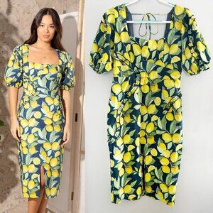 Hope & Ivy Lemon Print Puff Sleeve Midi Dress Mediterranean Cottagecore Size 14